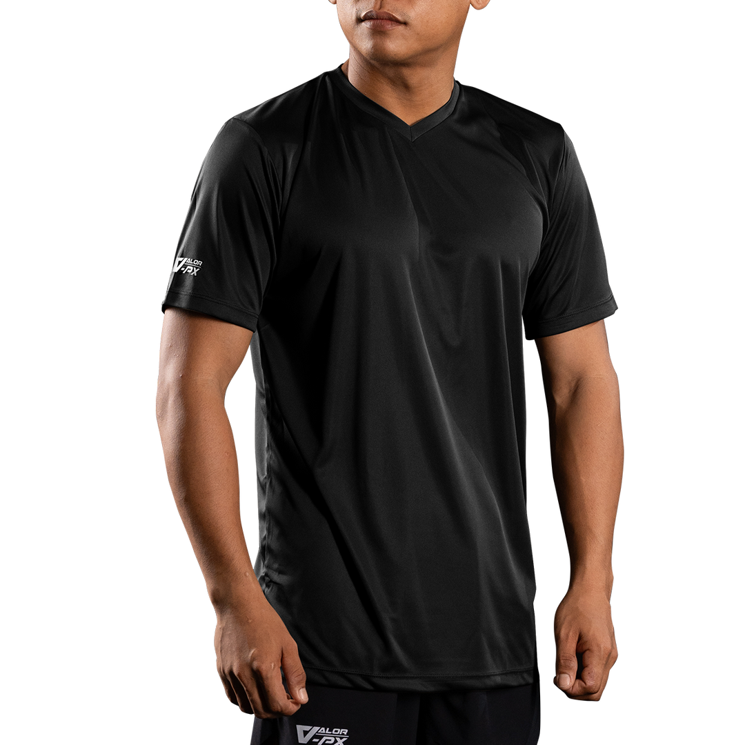 เสื้อยืดคอวี VALOR PX สีดำ แขนสั้น ทรงสปอร์ต ใส่สบายเหมาะกับการออกกำลังกาย