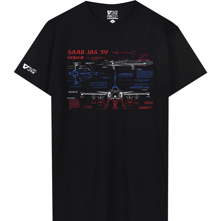 เสื้อยืดสกรีนลาย VALOR PX - Blueprint Gripen Saab JAS 39 T-Shirt เสื้อใส่เที่ยว ลายกราฟิก