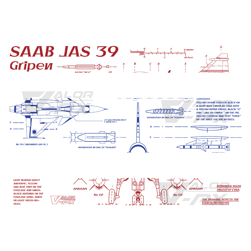 เสื้อยืดสกรีนลาย VALOR PX - Blueprint Gripen Saab JAS 39 T-Shirt เสื้อใส่เที่ยว ลายกราฟิก