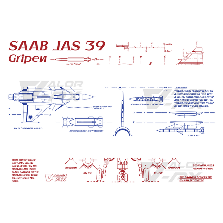 เสื้อยืดสกรีนลาย VALOR PX - Blueprint Gripen Saab JAS 39 T-Shirt เสื้อใส่เที่ยว ลายกราฟิก