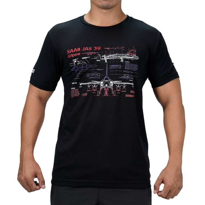เสื้อยืดสกรีนลาย VALOR PX - Blueprint Gripen Saab JAS 39 T-Shirt เสื้อใส่เที่ยว ลายกราฟิก
