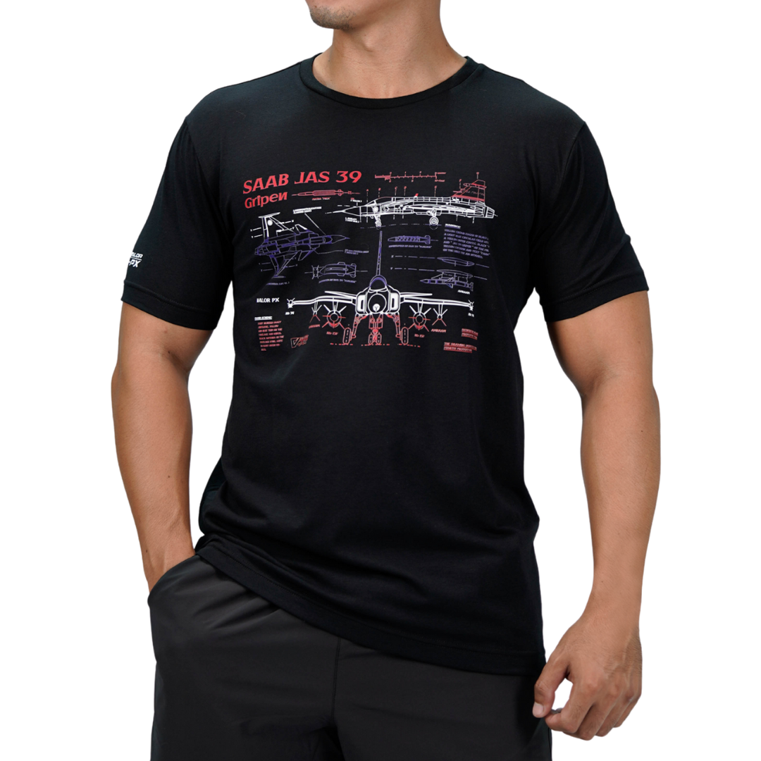 เสื้อยืดสกรีนลาย VALOR PX - Blueprint Gripen Saab JAS 39 T-Shirt เสื้อใส่เที่ยว ลายกราฟิก