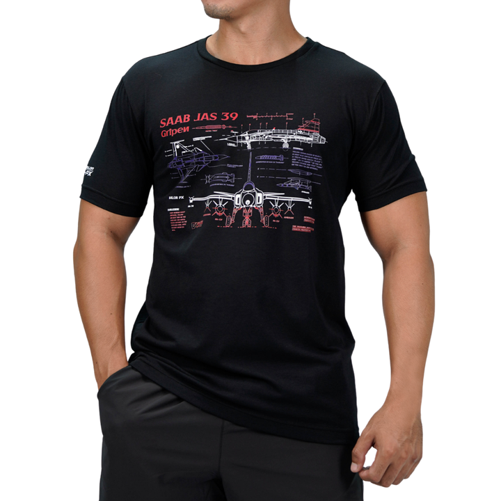 เสื้อยืดสกรีนลาย VALOR PX - Blueprint Gripen Saab JAS 39 T-Shirt เสื้อใส่เที่ยว ลายกราฟิก