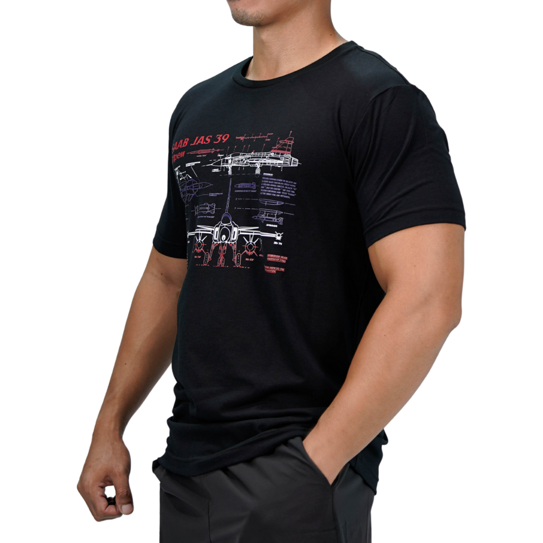 เสื้อยืดสกรีนลาย VALOR PX - Blueprint Gripen Saab JAS 39 T-Shirt เสื้อใส่เที่ยว ลายกราฟิก