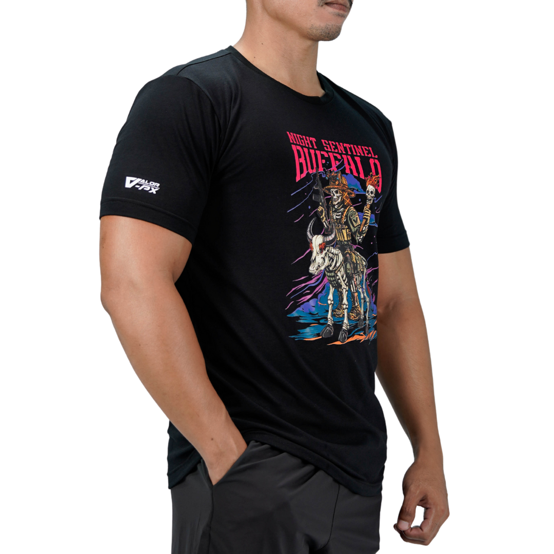 เสื้อยืดสกรีนลาย VALOR PX - Night Sentinel Buffalo T-Shirt เสื้อใส่เที่ยว ลายกราฟิก