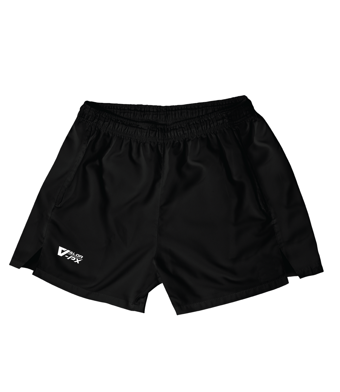 กางเกงขาสั้น VALOR PX สีดำ โลโก้แบรนด์ด้านหน้า ภาพสินค้าพื้นหลังโปร่งแสงเหมาะกับทุกกิจกรรม