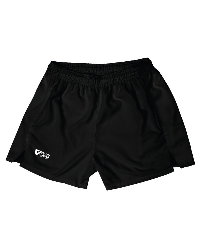 กางเกงขาสั้น VALOR PX สีดำ โลโก้แบรนด์ด้านหน้า ภาพสินค้าพื้นหลังโปร่งแสงเหมาะกับทุกกิจกรรม