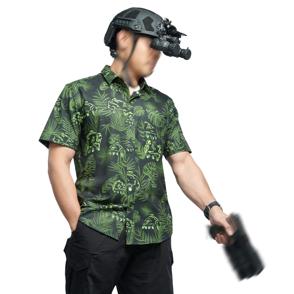เสื้อฮาวาย VALOR PX ลายพรางใบไม้สีเขียวเข้ม คอลเลกชัน We're Not Alone ธีมสายลับไซไฟ