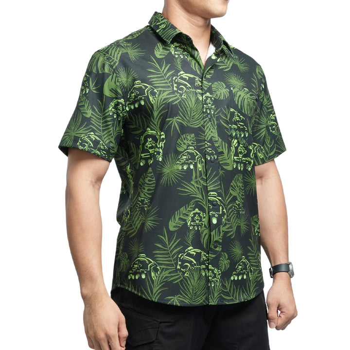 เสื้อฮาวาย VALOR PX ลายพรางใบไม้สีเขียวเข้ม มุมด้านหน้าเฉียง ทรงสวยใส่สบาย