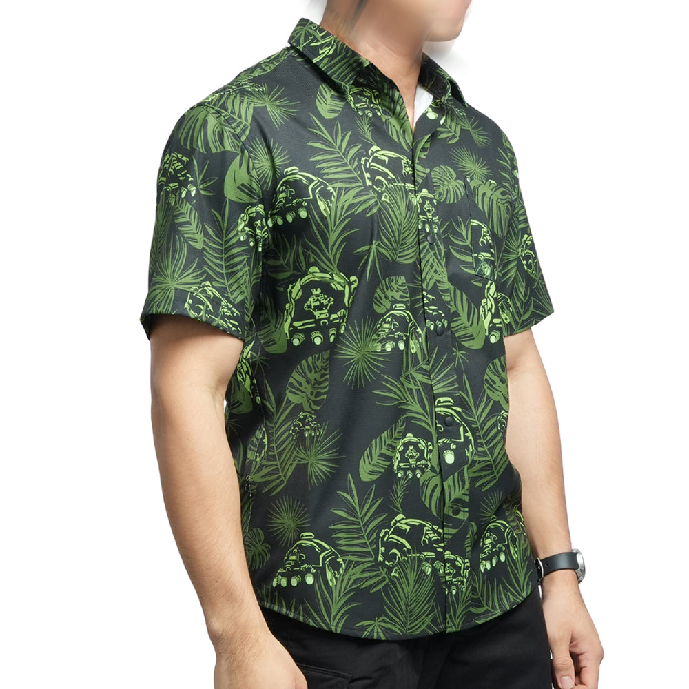 เสื้อฮาวาย VALOR PX ลายพรางใบไม้สีเขียวเข้ม มุมด้านข้าง ใส่สบายเหมาะกับวันหยุด