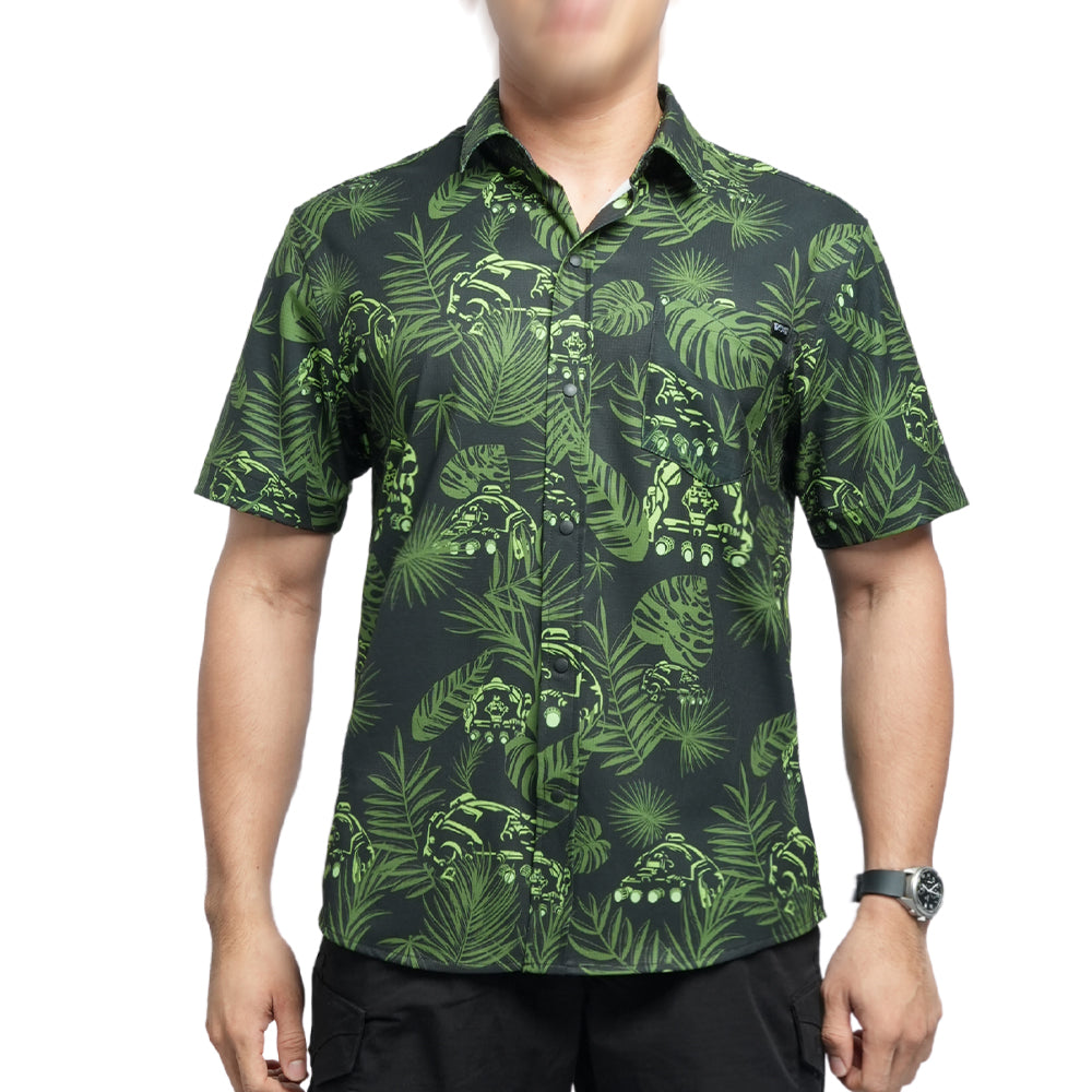 เสื้อฮาวาย VALOR PX ลายพรางใบไม้สีเขียวเข้ม มุมด้านหน้า กระดุมเรียบร้อยเหมาะกับวันหยุด