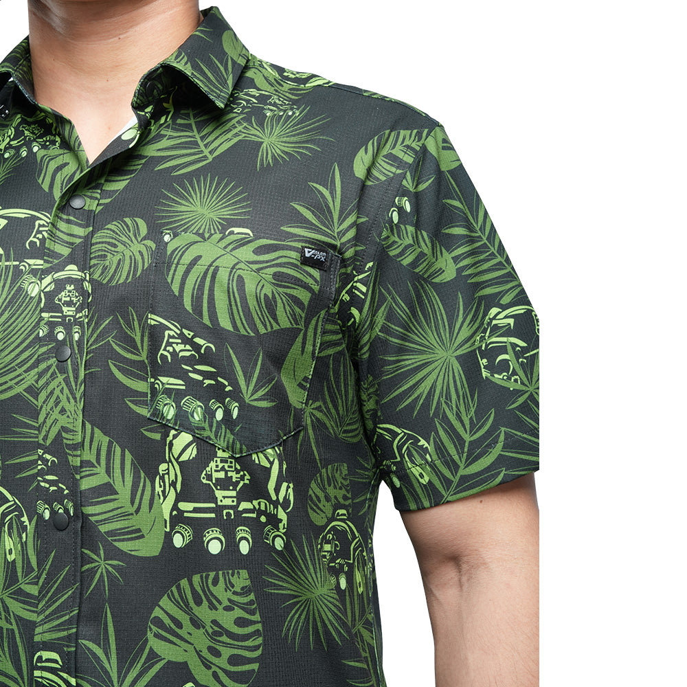 เสื้อฮาวาย VALOR PX ลายพรางใบไม้สีเขียวเข้ม ภาพระยะใกล้เน้นรายละเอียดลวดลาย