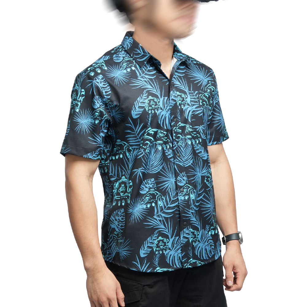 เสื้อฮาวาย VALOR PX ลายพรางใบไม้สีน้ำเงินเข้ม มุมด้านหน้า กระดุมเรียบร้อยเหมาะกับวันหยุด