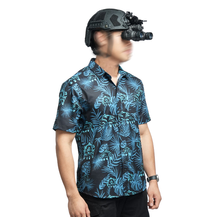 เสื้อฮาวาย VALOR PX ลายพรางใบไม้สีน้ำเงินเข้ม มุมด้านหน้าเฉียง ทรงสวยใส่สบาย