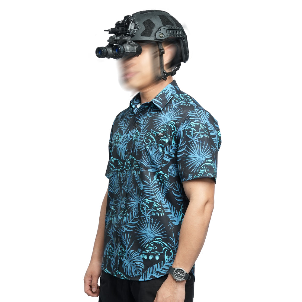 เสื้อฮาวาย VALOR PX ลายพรางใบไม้สีน้ำเงินเข้ม มุมด้านข้าง ธีมสายลับไซไฟ