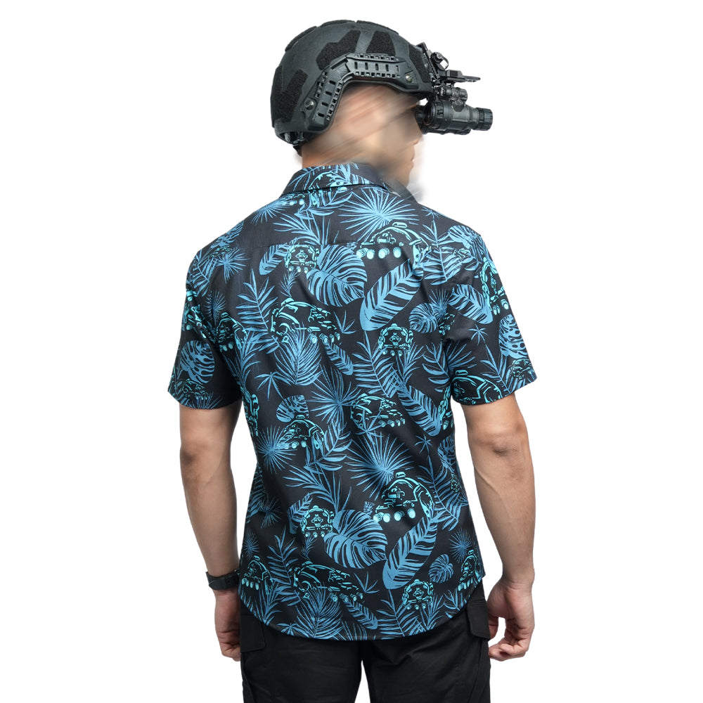เสื้อฮาวาย VALOR PX ลายพรางใบไม้สีน้ำเงินเข้ม มุมด้านหลัง ตัดเย็บเรียบร้อย