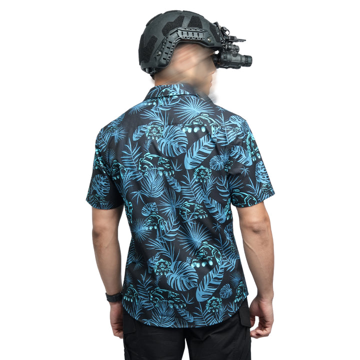 เสื้อฮาวาย VALOR PX ลายพรางใบไม้สีน้ำเงินเข้ม มุมด้านหลัง ตัดเย็บเรียบร้อย
