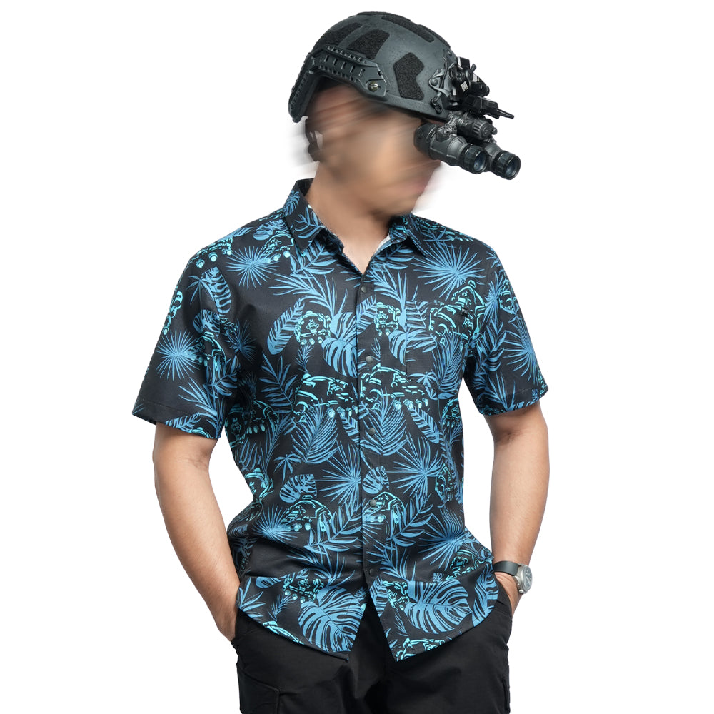 เสื้อฮาวาย VALOR PX ลายพรางใบไม้สีน้ำเงินเข้ม คอลเลกชัน We're Not Alone ธีมสายลับไซไฟ